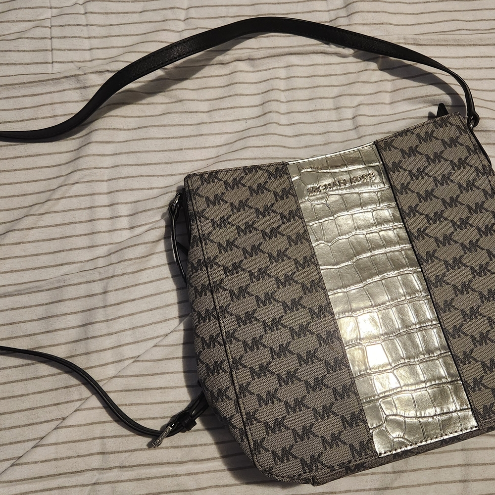 Michael Kors Monogram Shoulder Bag in Black and Silver